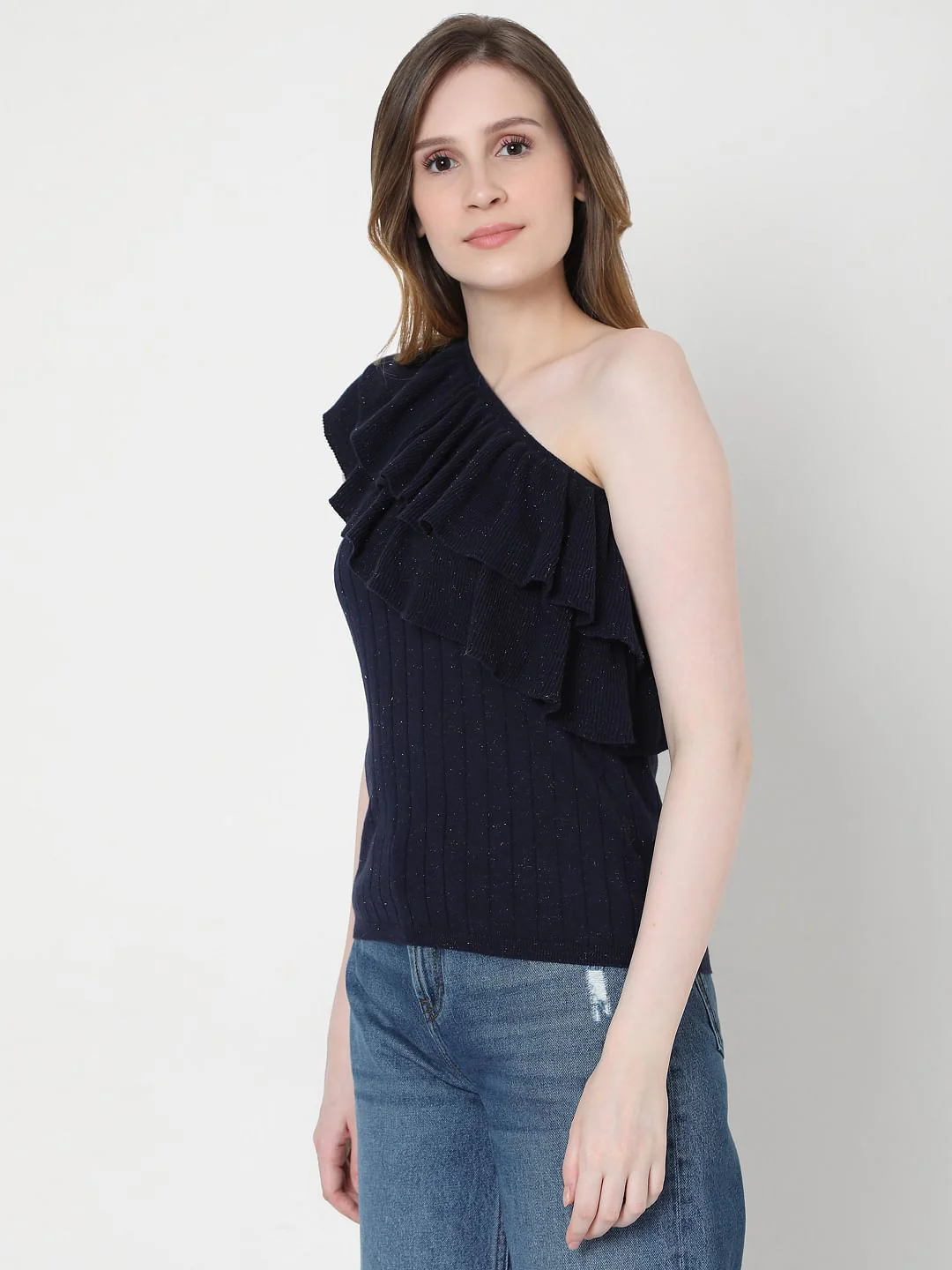 Dark Blue One Shoulder Knit Top - Image 3