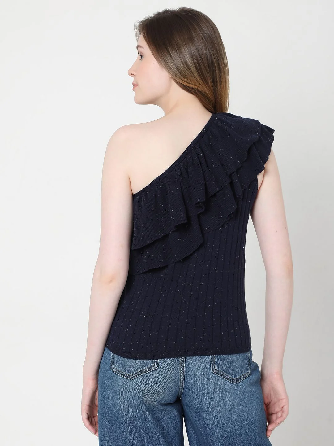 Dark Blue One Shoulder Knit Top - Image 4