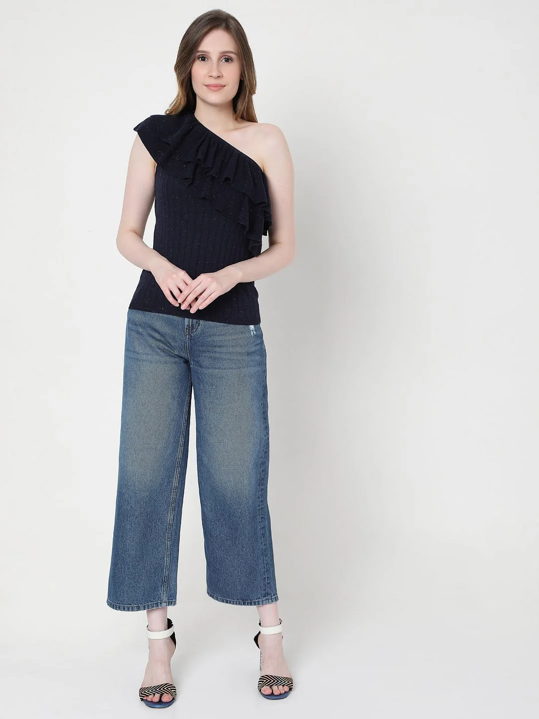 Dark Blue One Shoulder Knit Top - Image 5