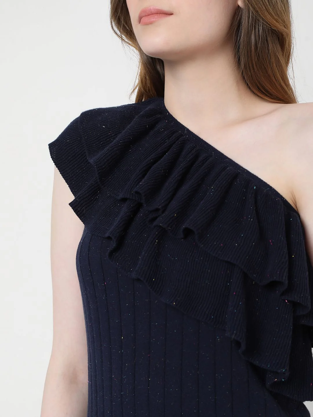 Dark Blue One Shoulder Knit Top - Image 6