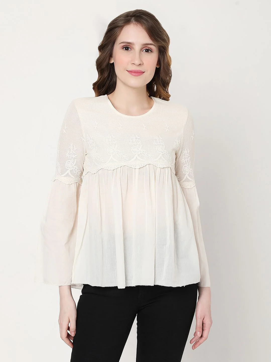 Off-White Embroidered Mesh Peplum Top - Image 2