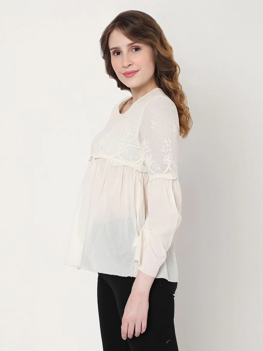 Off-White Embroidered Mesh Peplum Top - Image 3