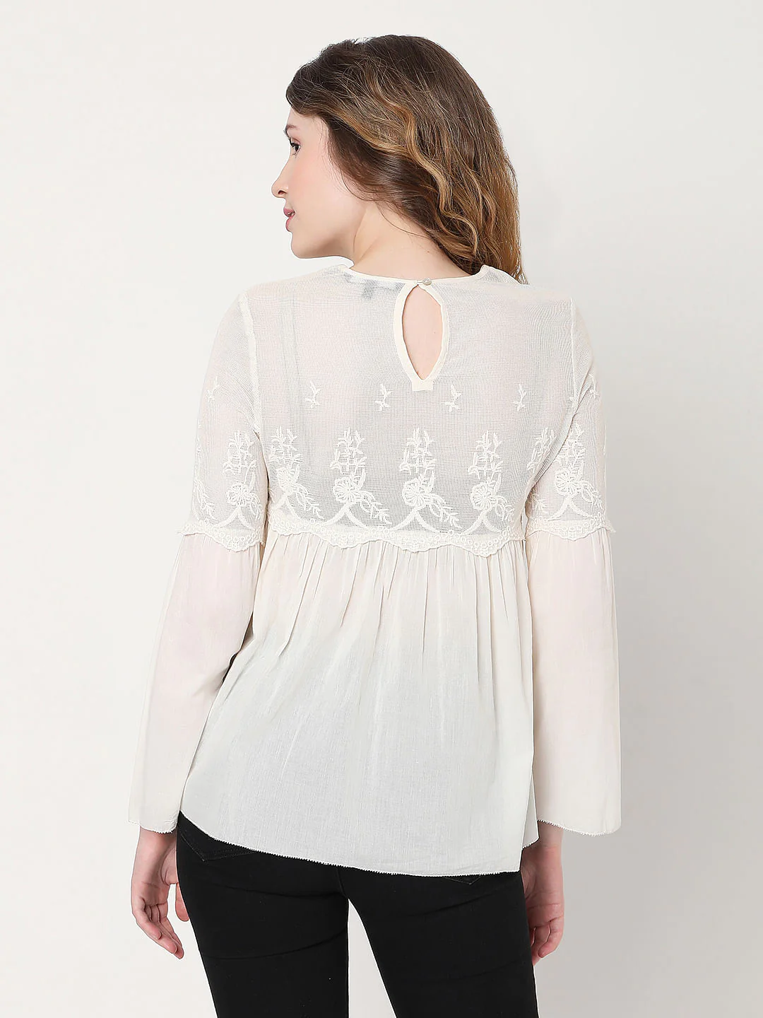 Off-White Embroidered Mesh Peplum Top - Image 4