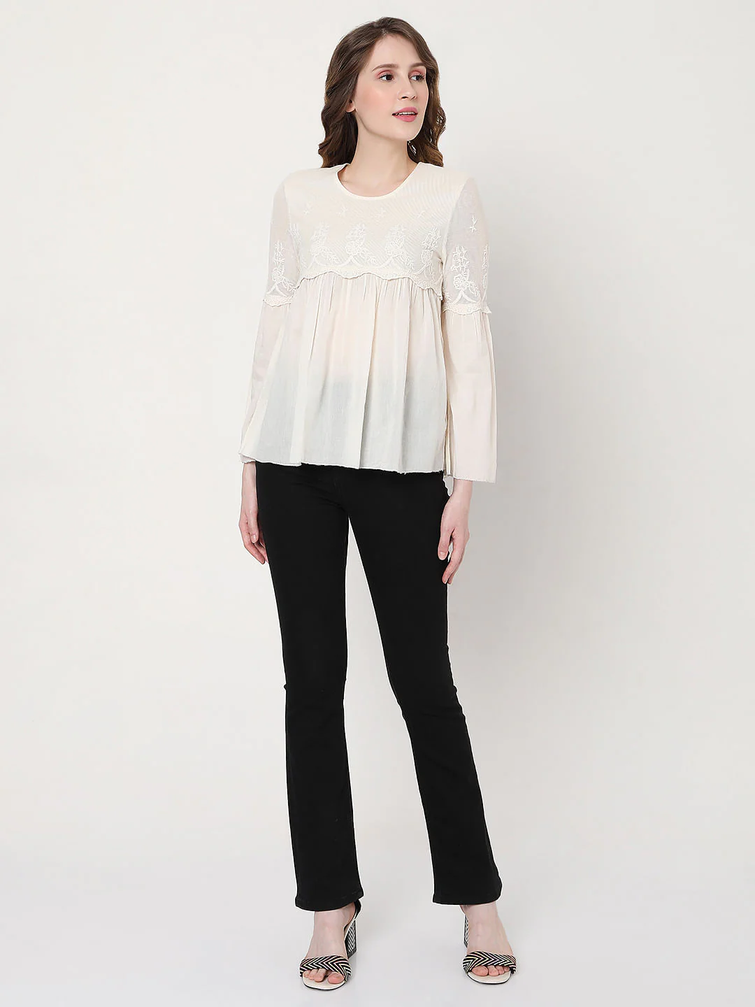 Off-White Embroidered Mesh Peplum Top - Image 5