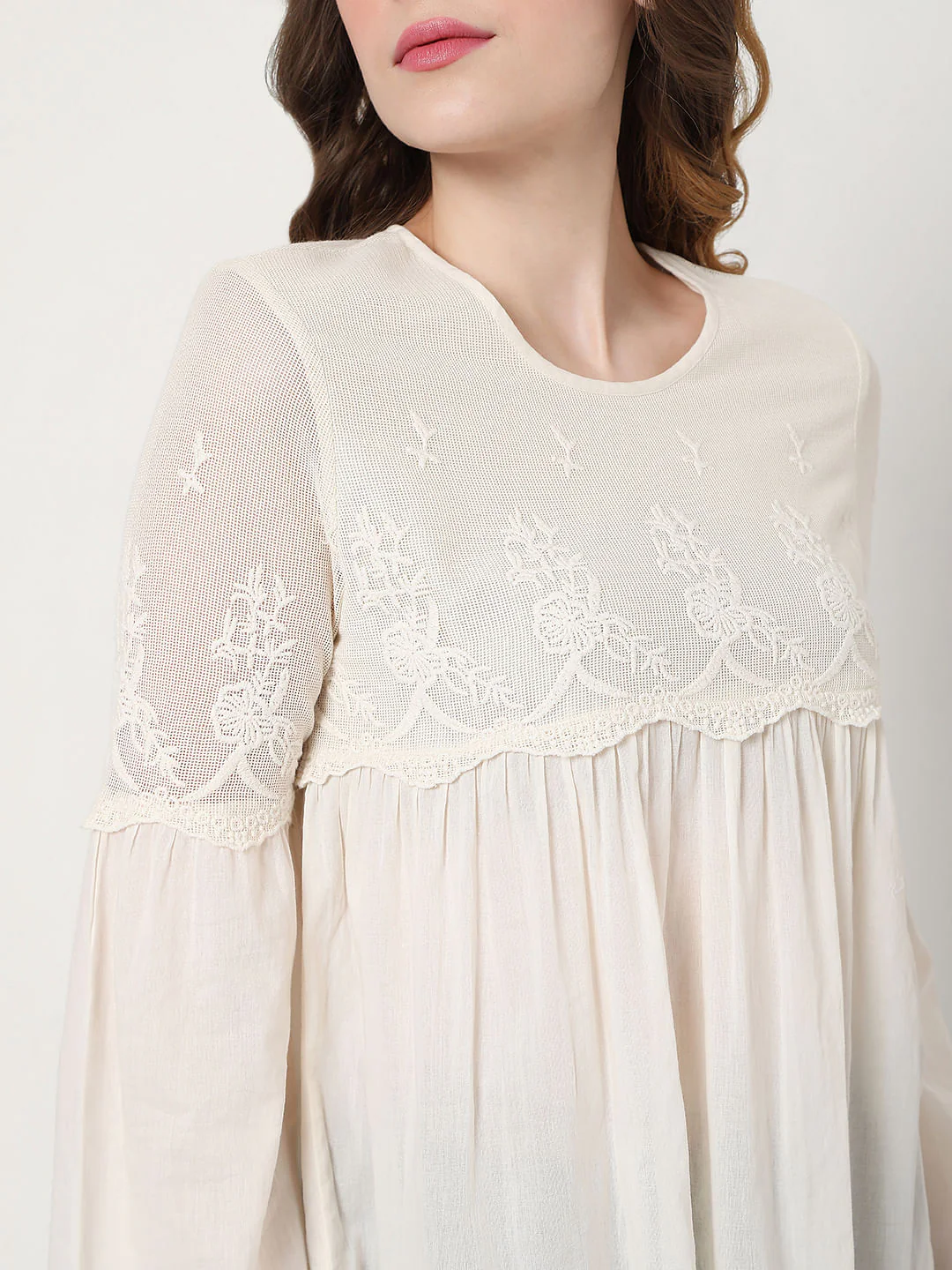 Off-White Embroidered Mesh Peplum Top - Image 6