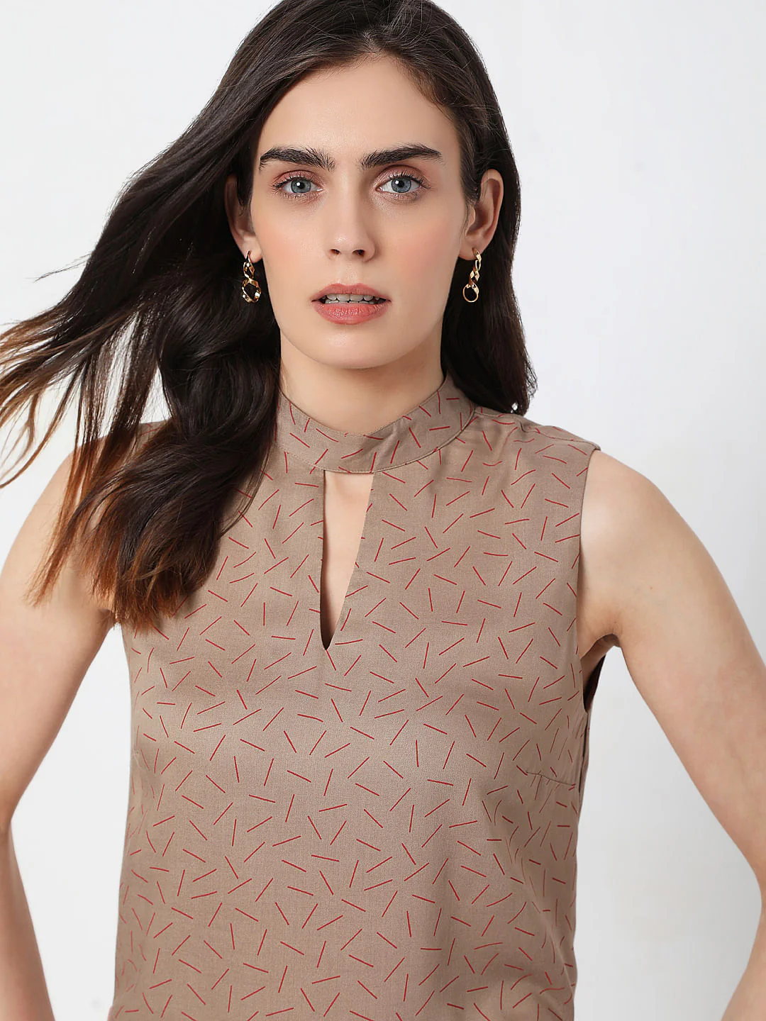 Dark Beige Abstract Print Top