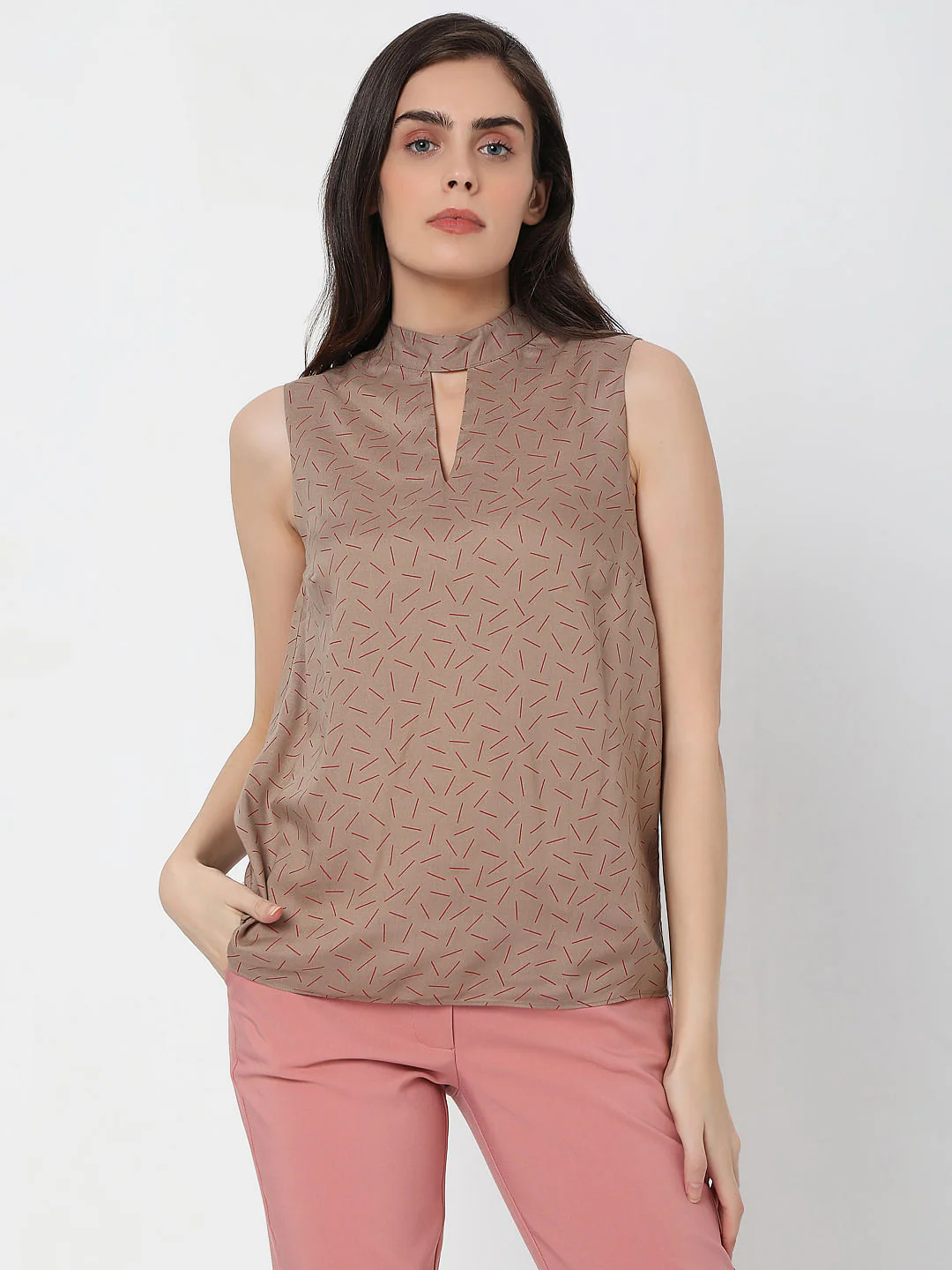 Dark Beige Abstract Print Top - Image 2