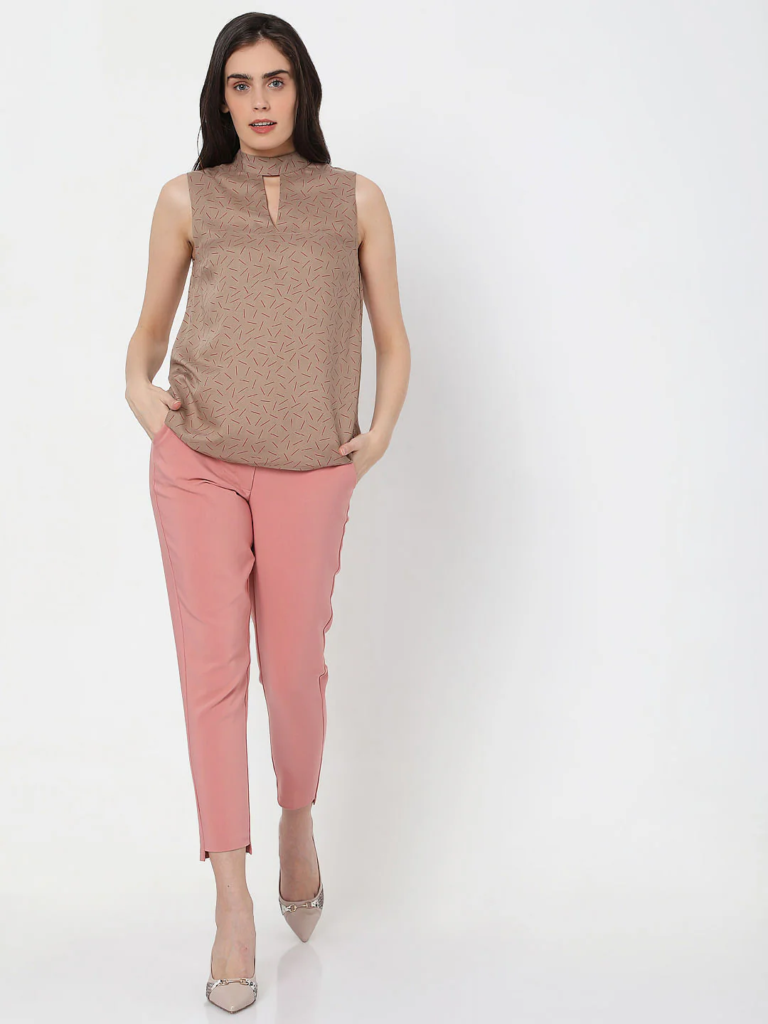 Dark Beige Abstract Print Top - Image 5