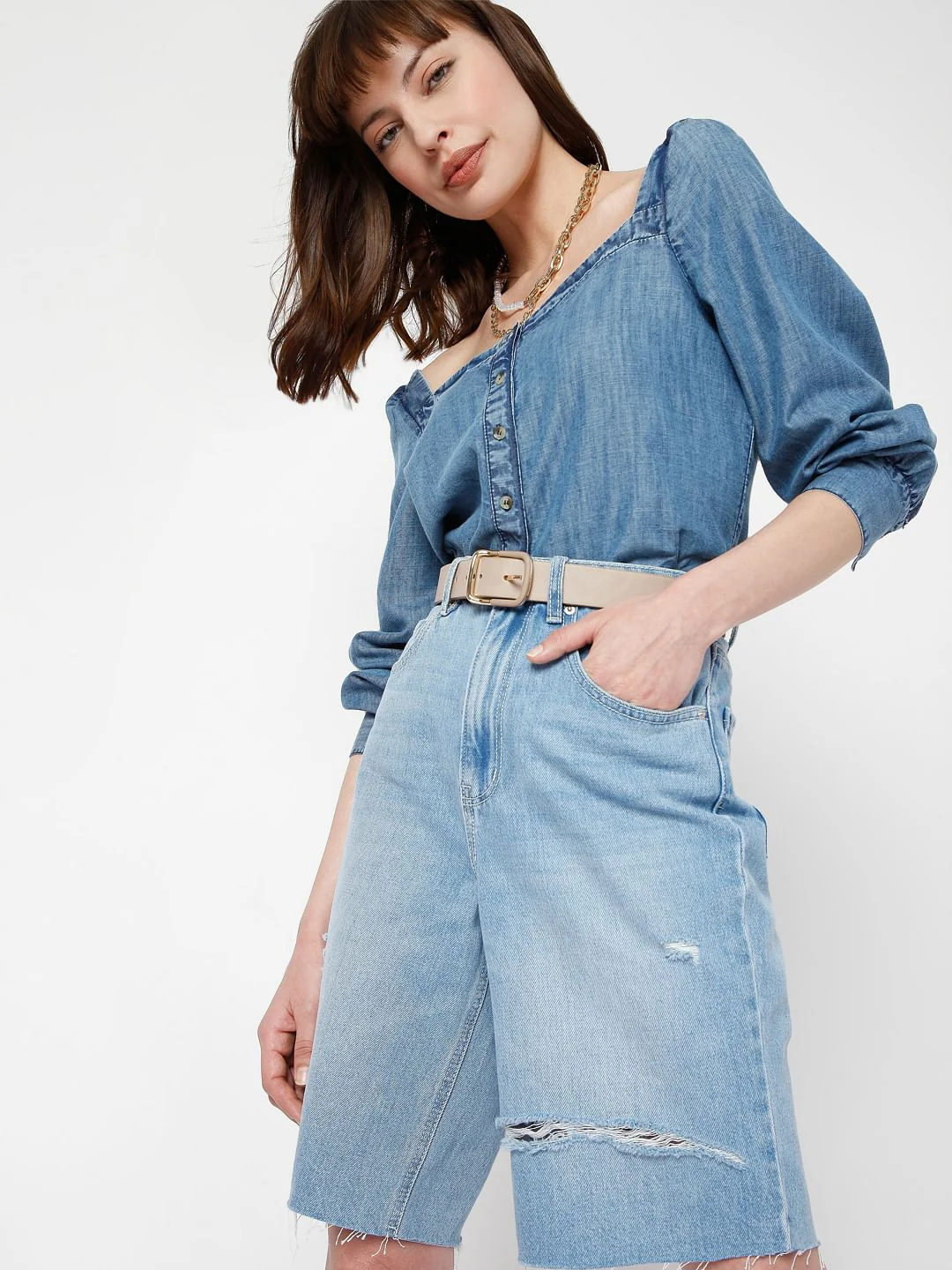 Blue Denim Puff Sleeves Top
