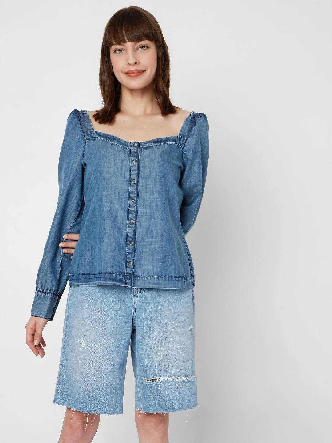 Blue Denim Puff Sleeves Top - Image 2