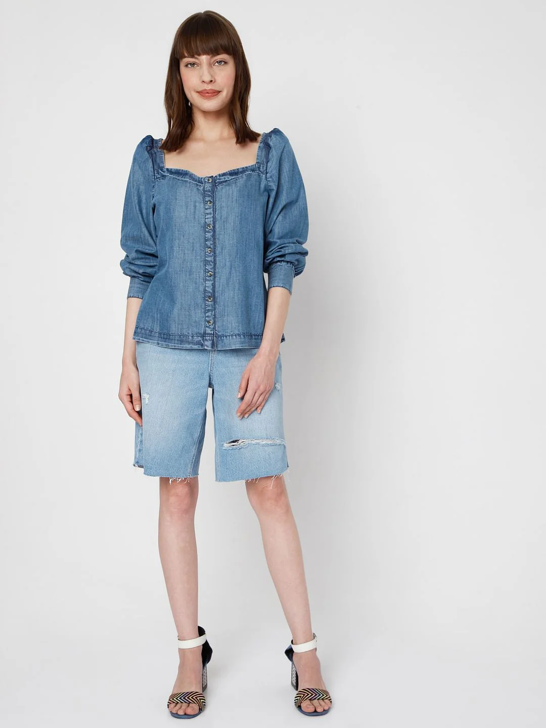 Blue Denim Puff Sleeves Top - Image 5