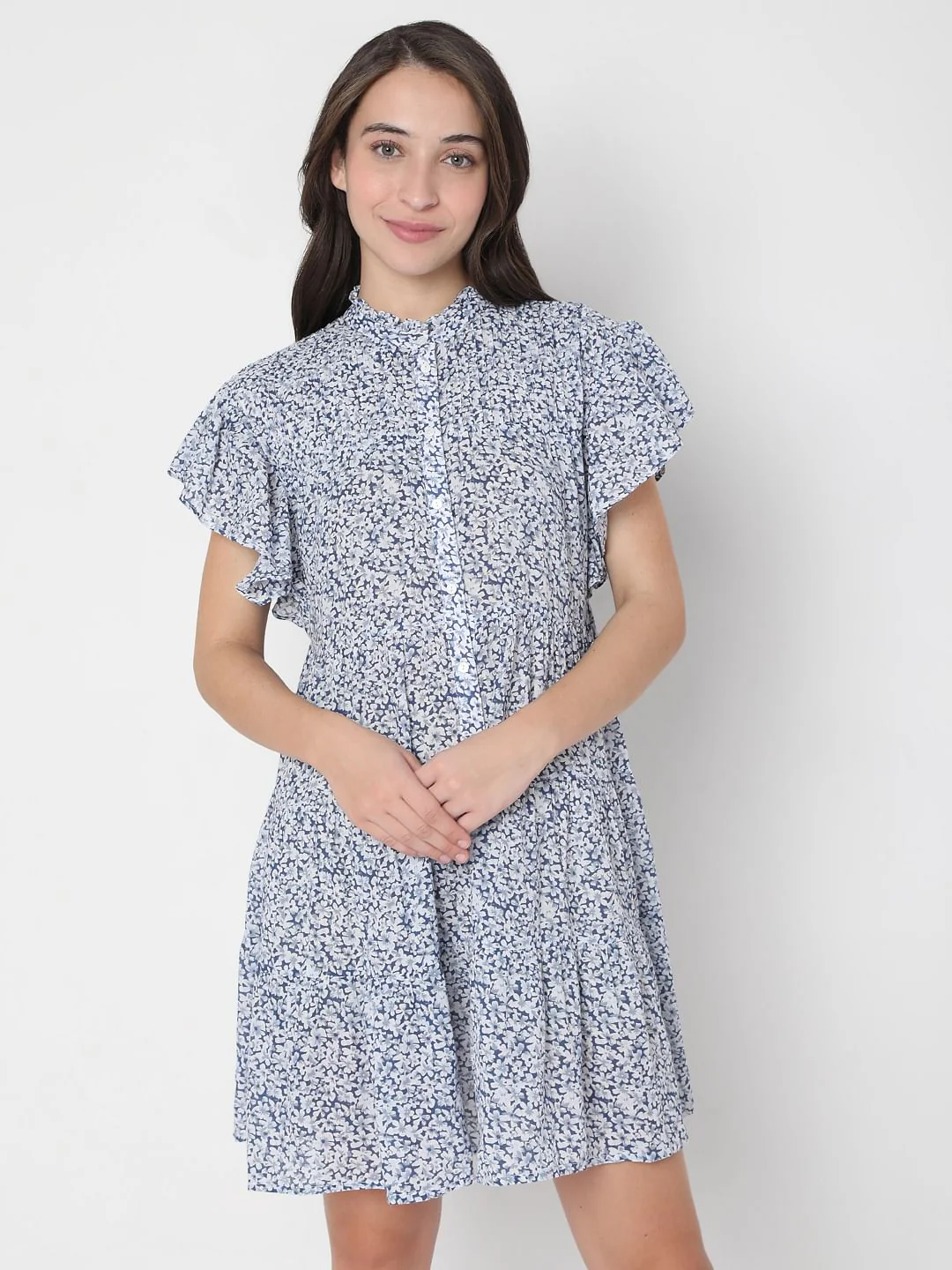 Blue Floral Print Mini Dress - Image 2