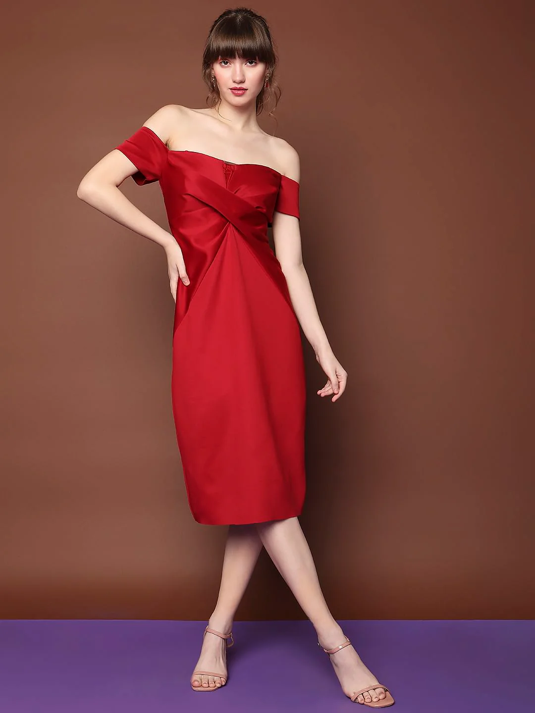 Marquee Red Off-Shoulder Drape Dress - Image 2