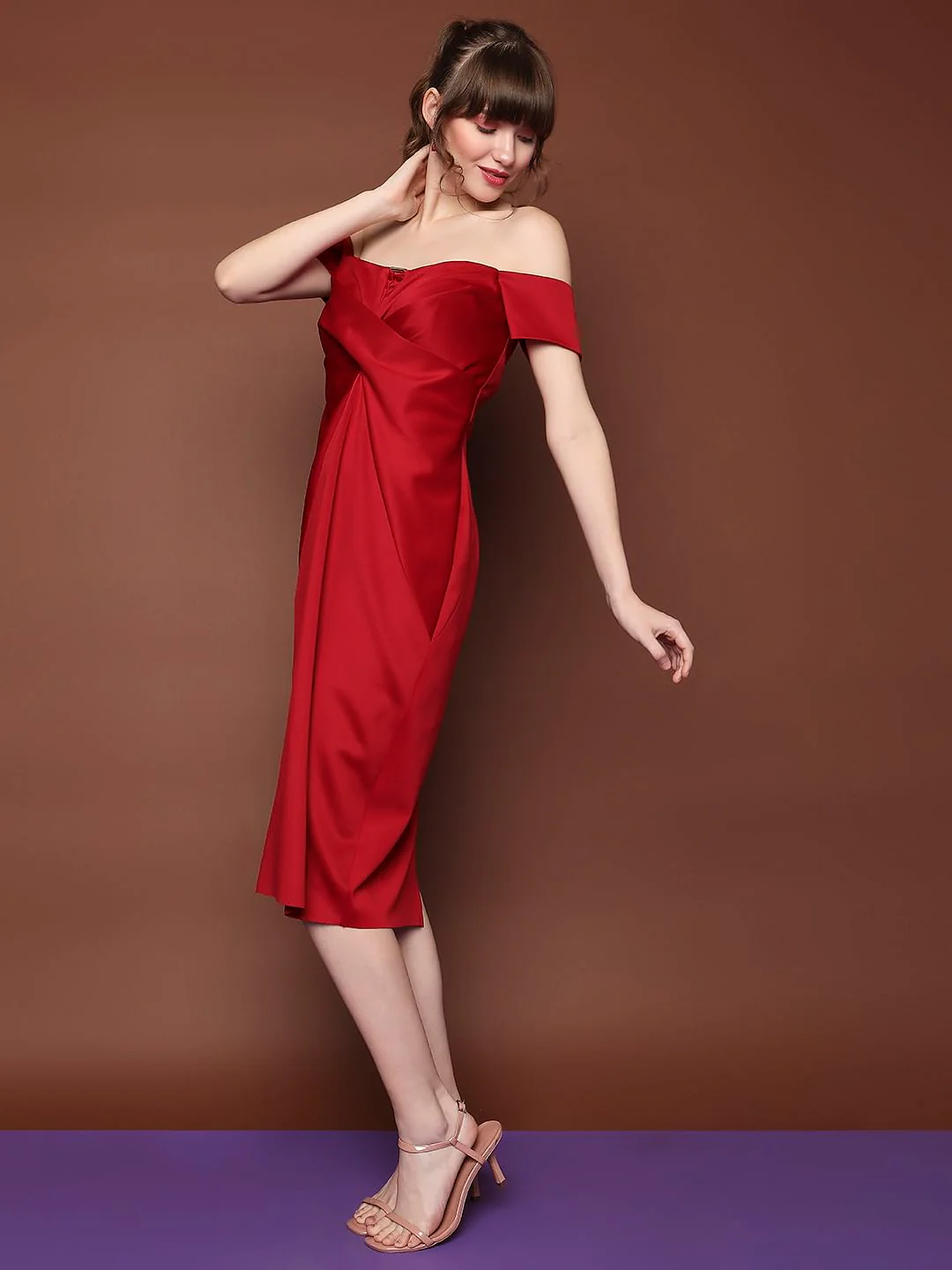 Marquee Red Off-Shoulder Drape Dress - Image 3