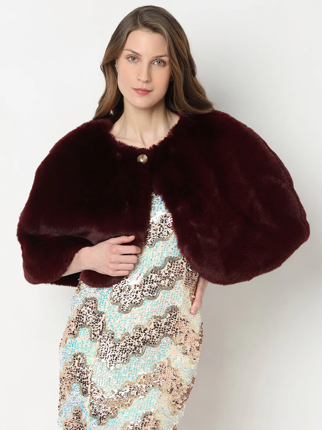 Wine Faux Fur Cropped Cape - Image 2