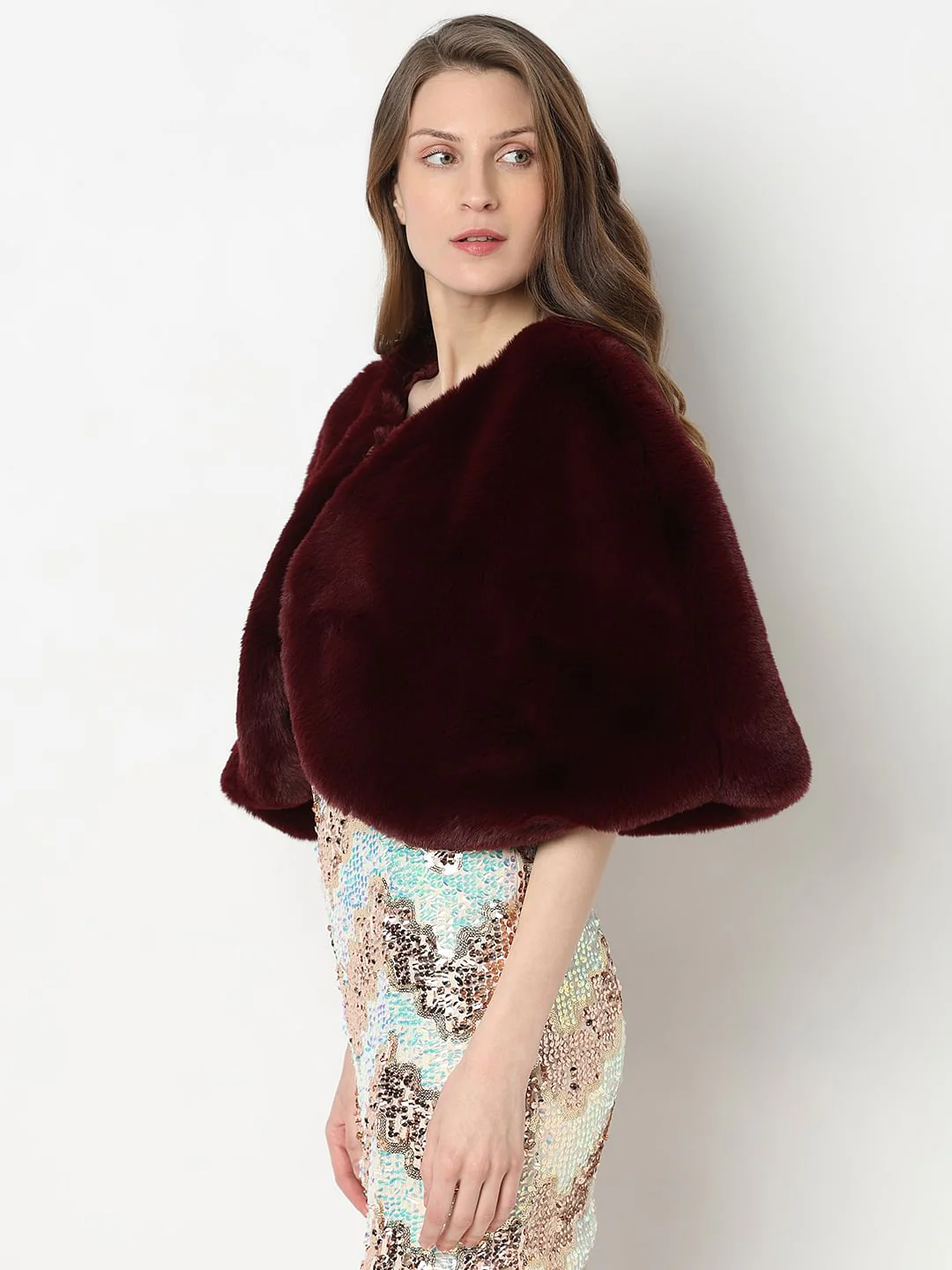 Wine Faux Fur Cropped Cape - Image 3