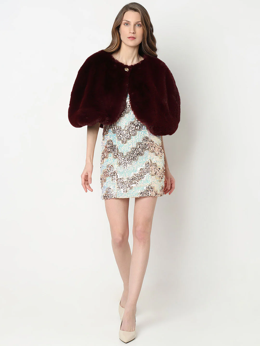 Wine Faux Fur Cropped Cape - Image 5