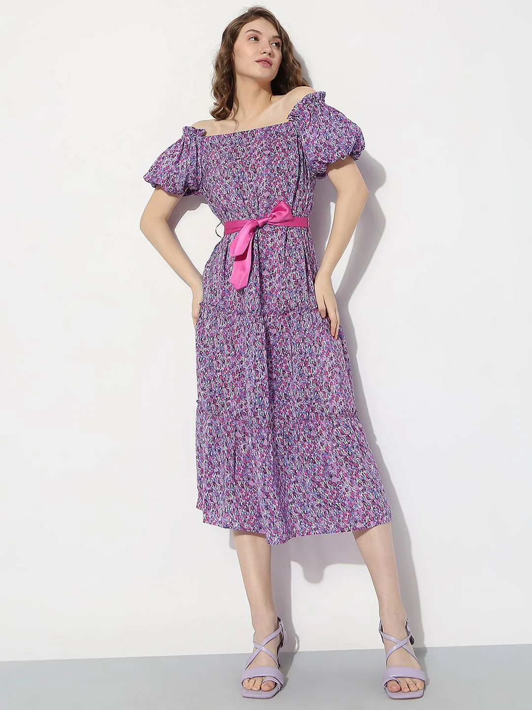 Purple Floral Off-Shoulder Dress - Image 2
