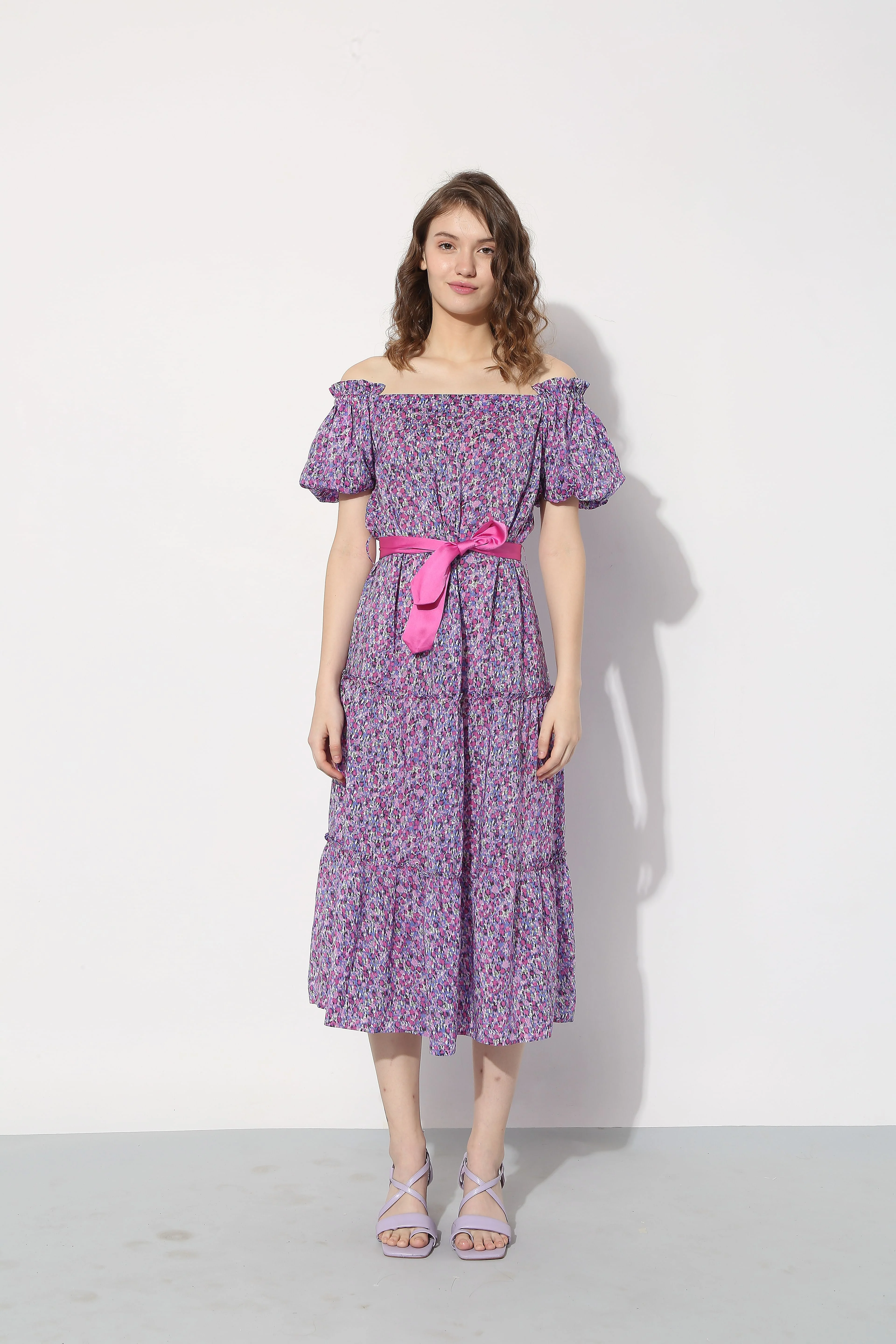 Purple Floral Off-Shoulder Dress - Image 7