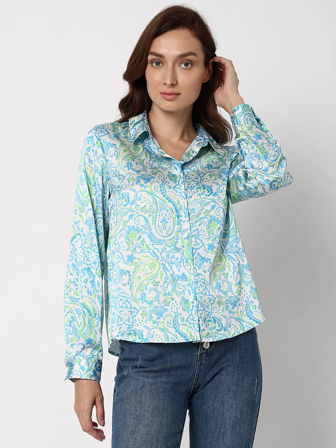 Light Blue Printed Satin Shirt - Image 2