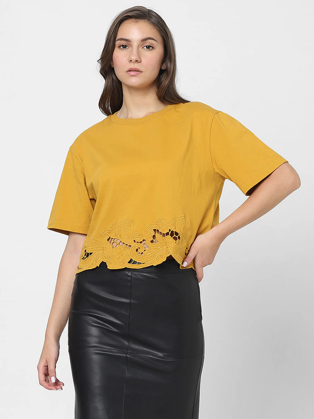Mustard Lace Detail T-Shirt - Image 2