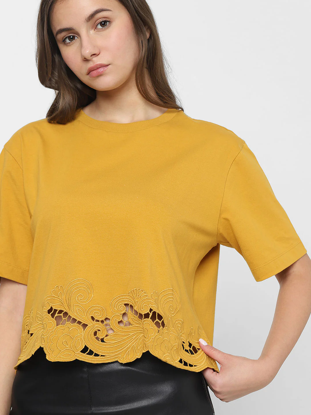 Mustard Lace Detail T-Shirt - Image 8