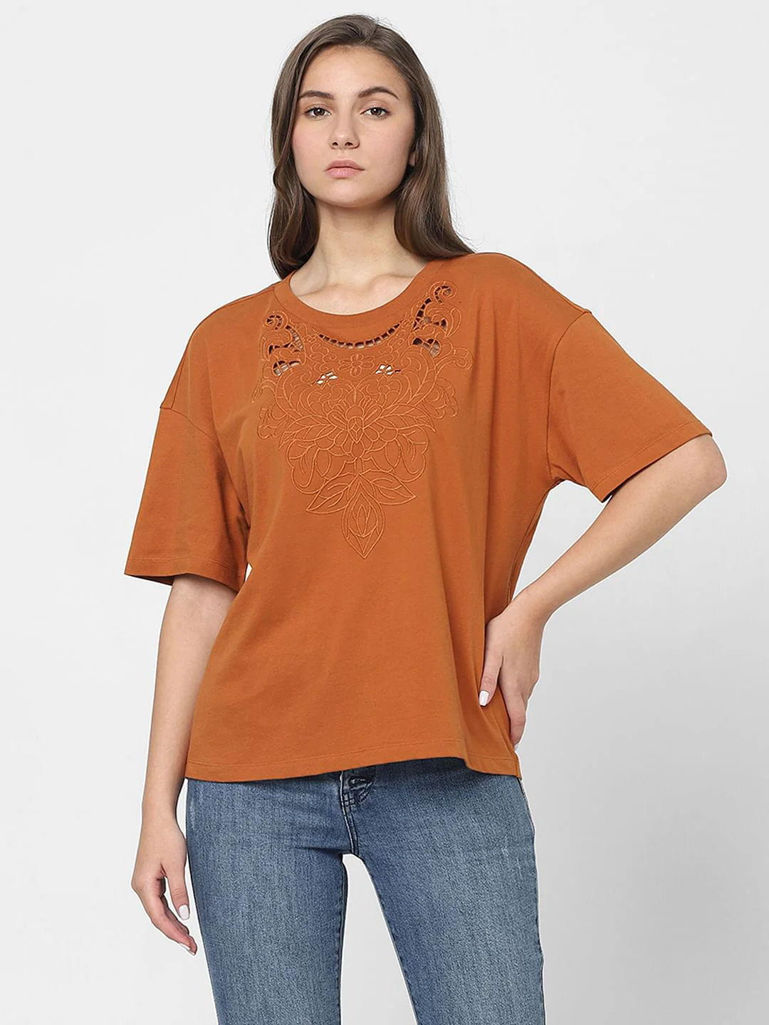 Brown Lace Detail T-Shirt - Image 2