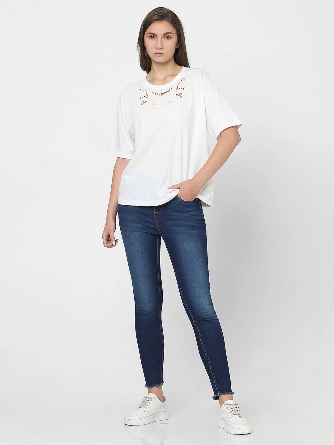 White Lace Detail T-Shirt - Image 5
