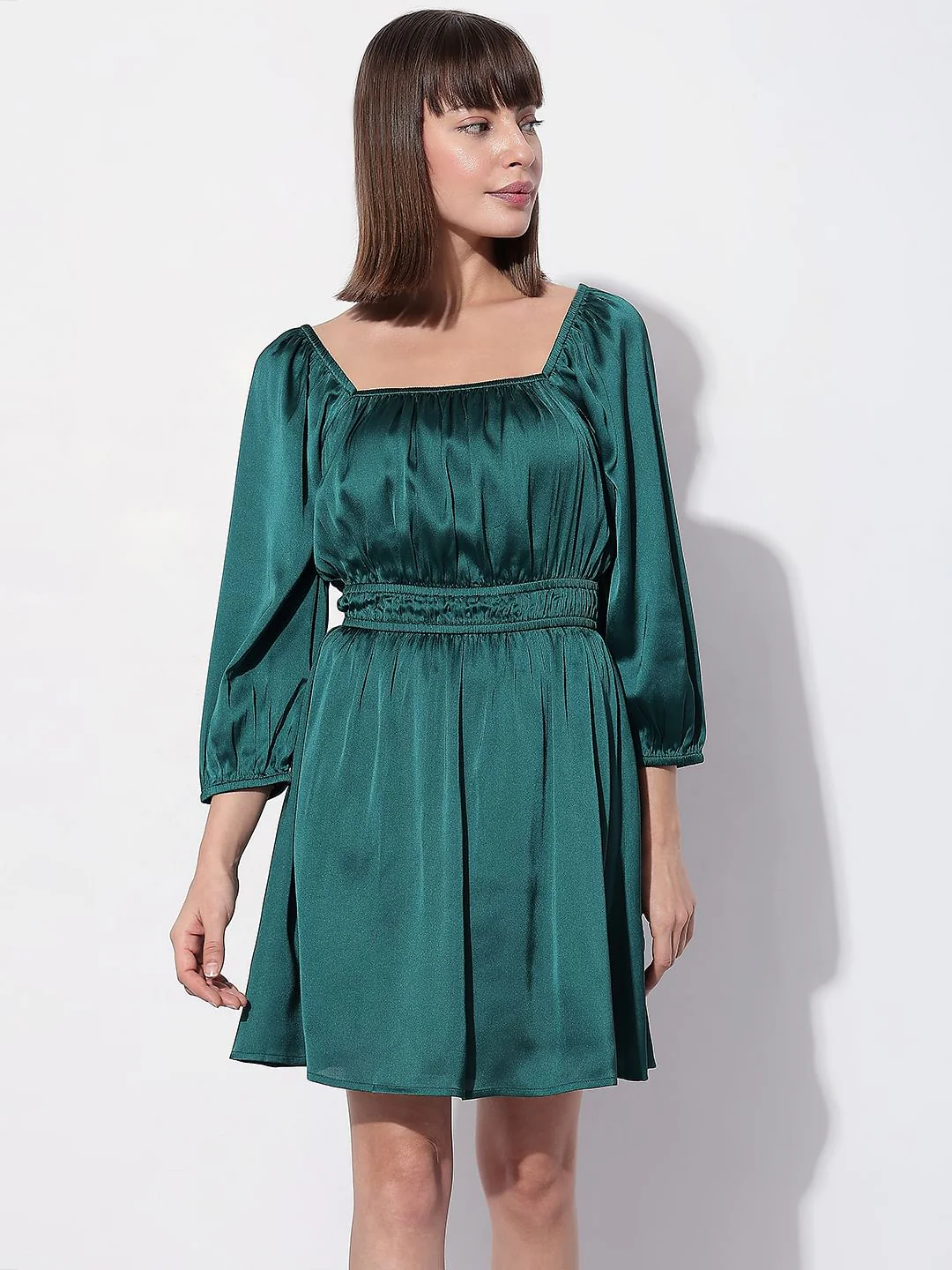 Dark Green Satin Fit & Flare Dress - Image 2