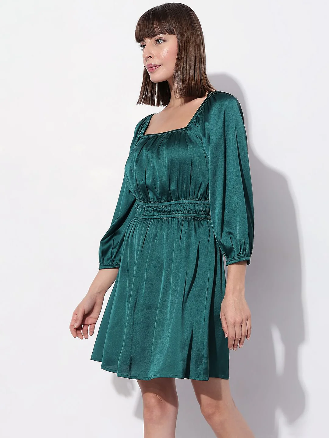 Dark Green Satin Fit & Flare Dress - Image 3