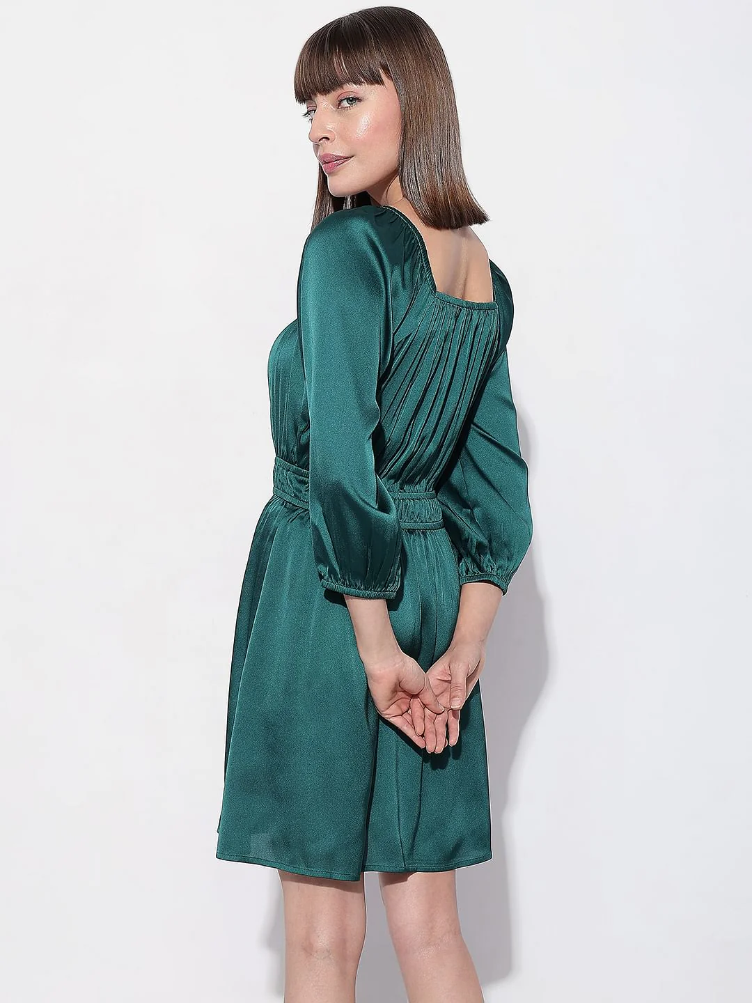 Dark Green Satin Fit & Flare Dress - Image 4