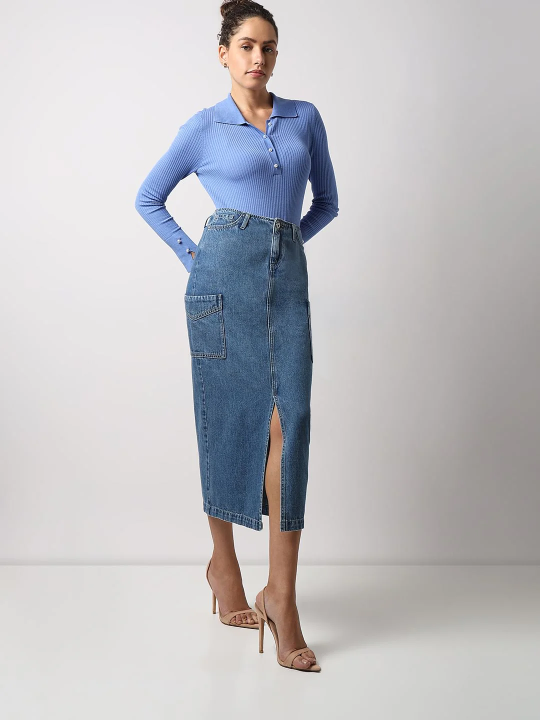 Blue High Rise Cargo Denim Skirt