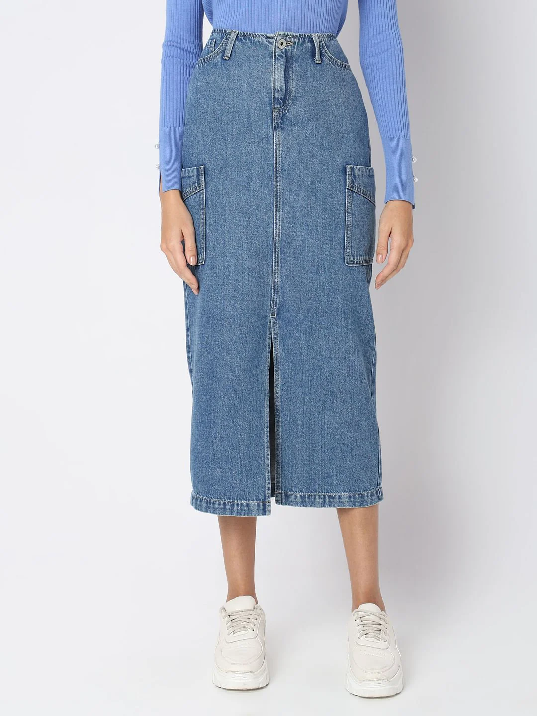 Blue High Rise Cargo Denim Skirt - Image 2