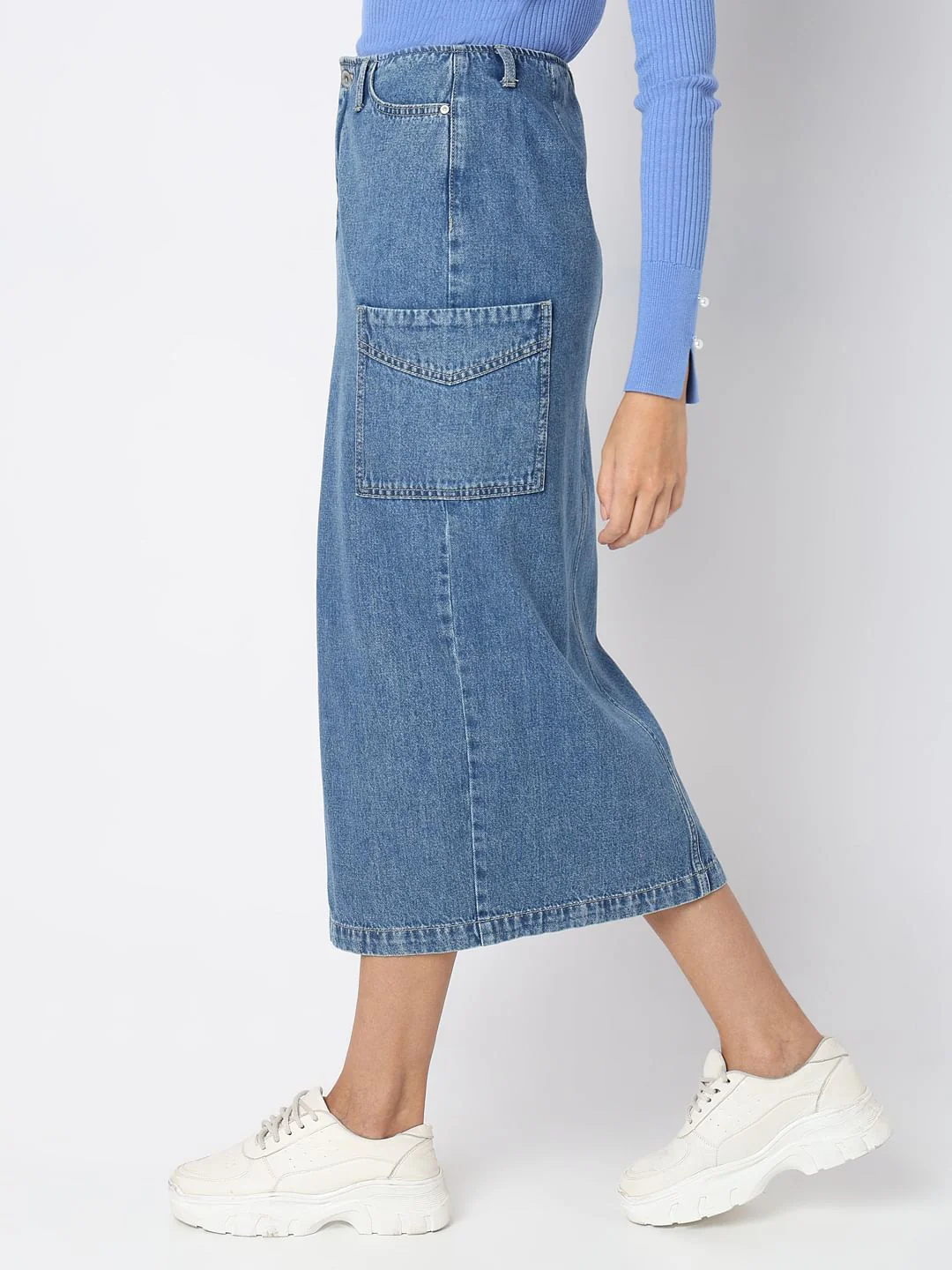 Blue High Rise Cargo Denim Skirt - Image 3