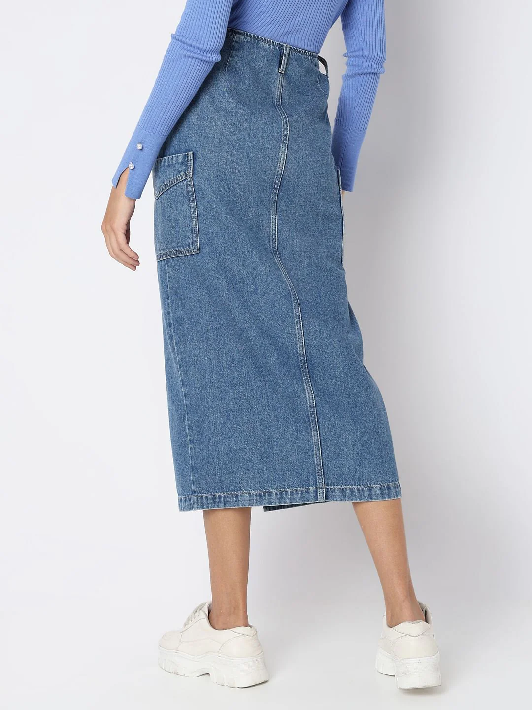 Blue High Rise Cargo Denim Skirt - Image 4