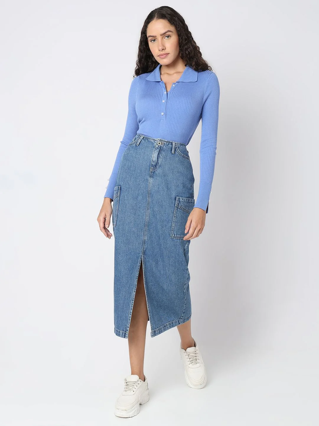 Blue High Rise Cargo Denim Skirt - Image 5