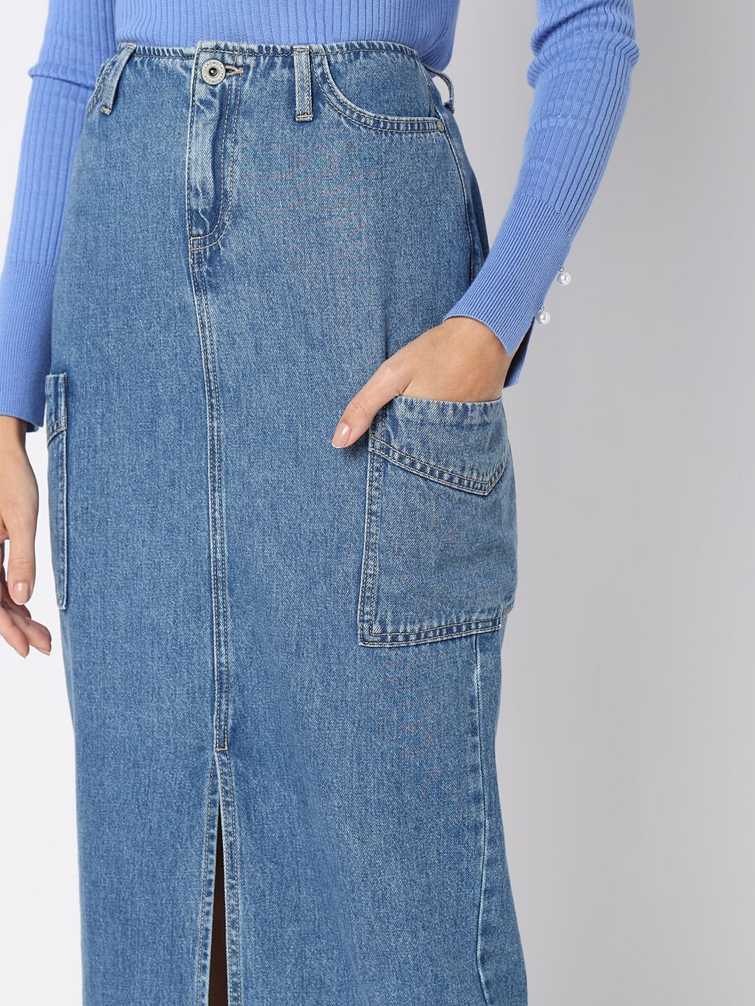 Blue High Rise Cargo Denim Skirt - Image 6