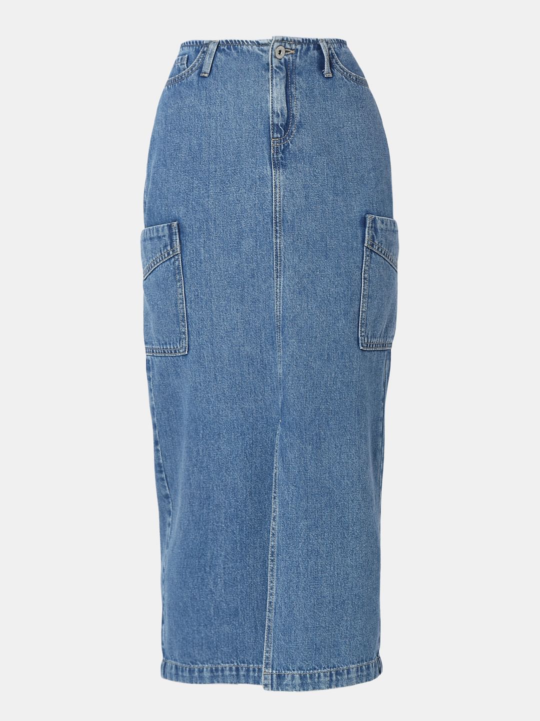 Blue High Rise Cargo Denim Skirt - Image 7