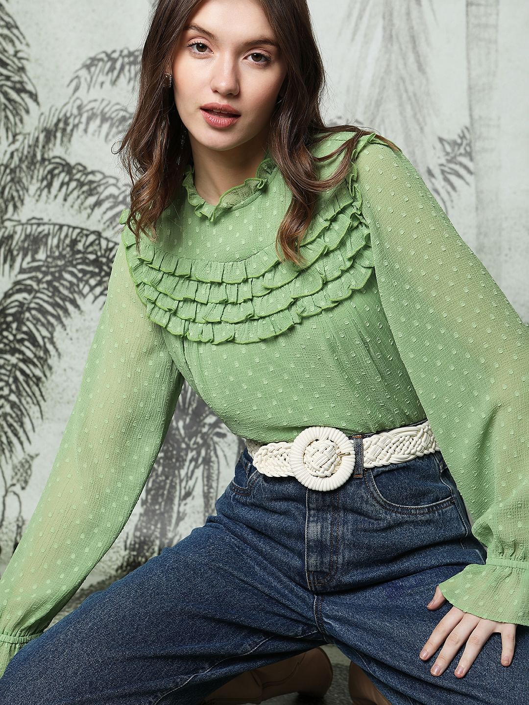 Green Polka Dot Ruffle Top