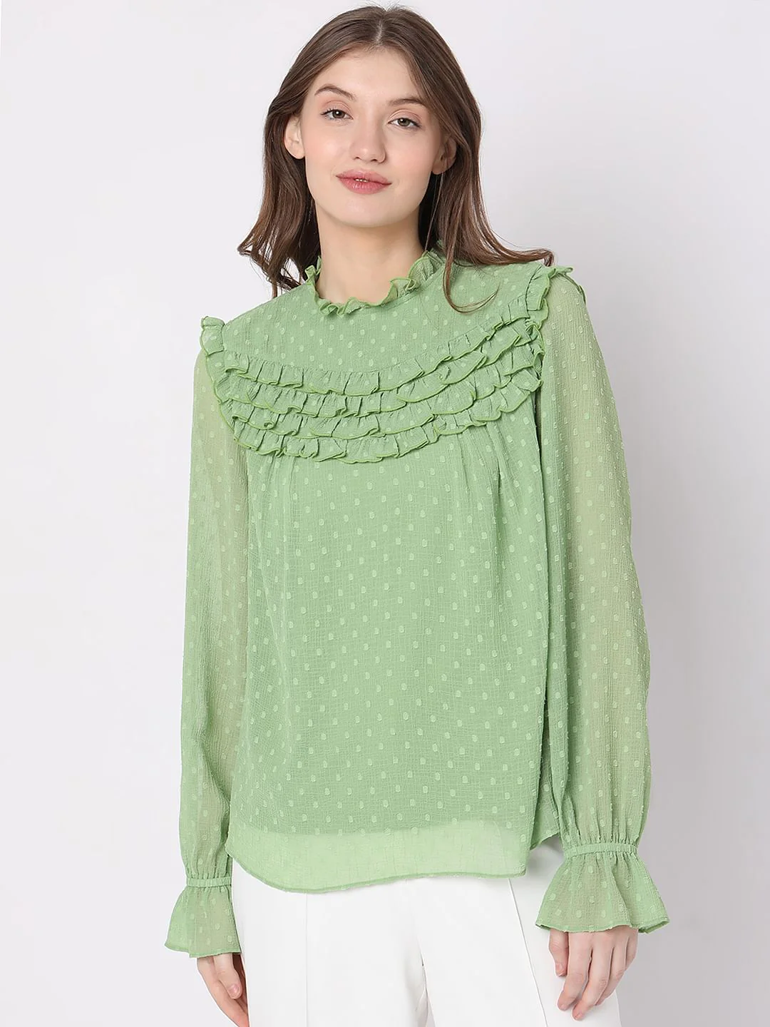 Green Polka Dot Ruffle Top - Image 2