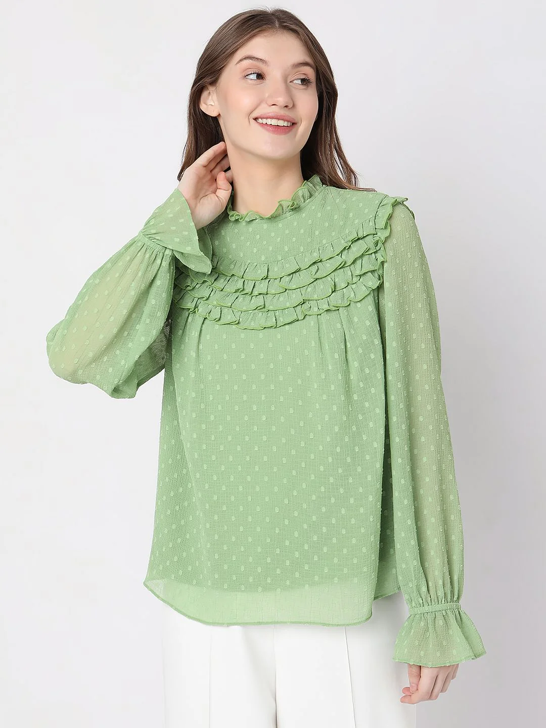 Green Polka Dot Ruffle Top - Image 3