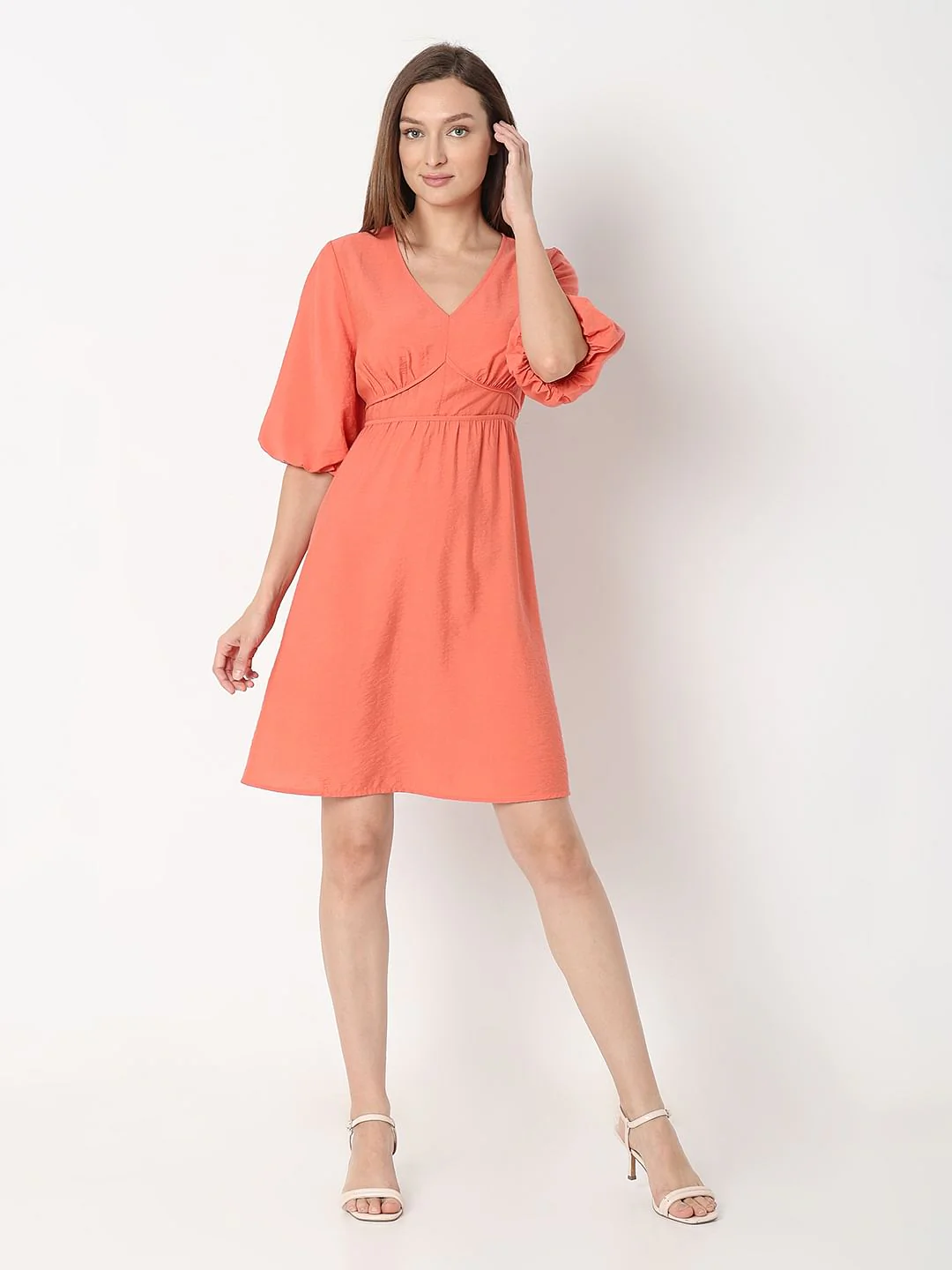 Orange V-Neck Short Dress - Image 2
