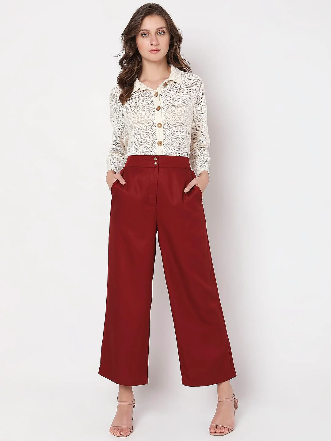 Maroon High Rise Wide Leg Pants - Image 6