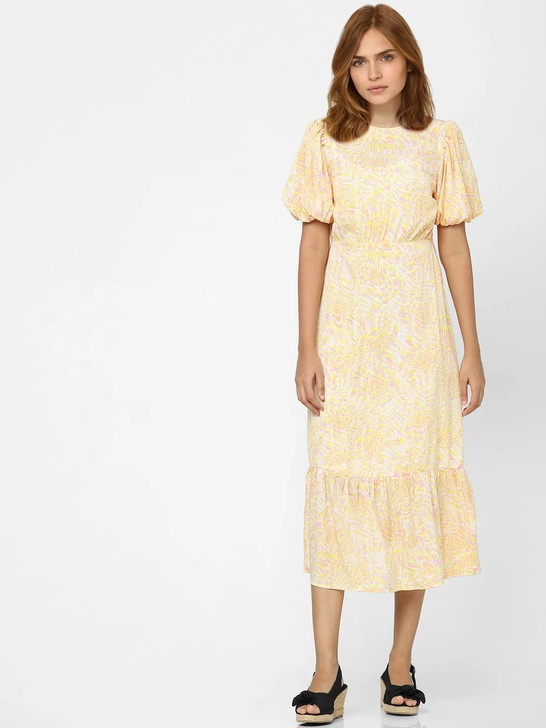 Yellow Printed Midi Dress