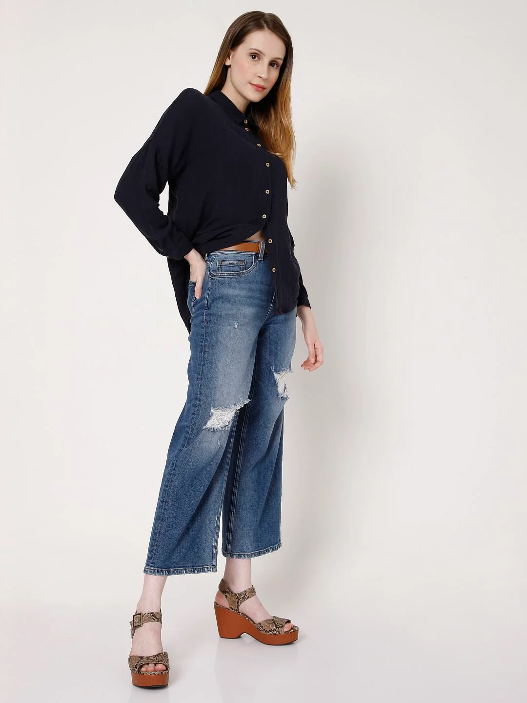 Blue High Rise Wide Leg Torn Jeans