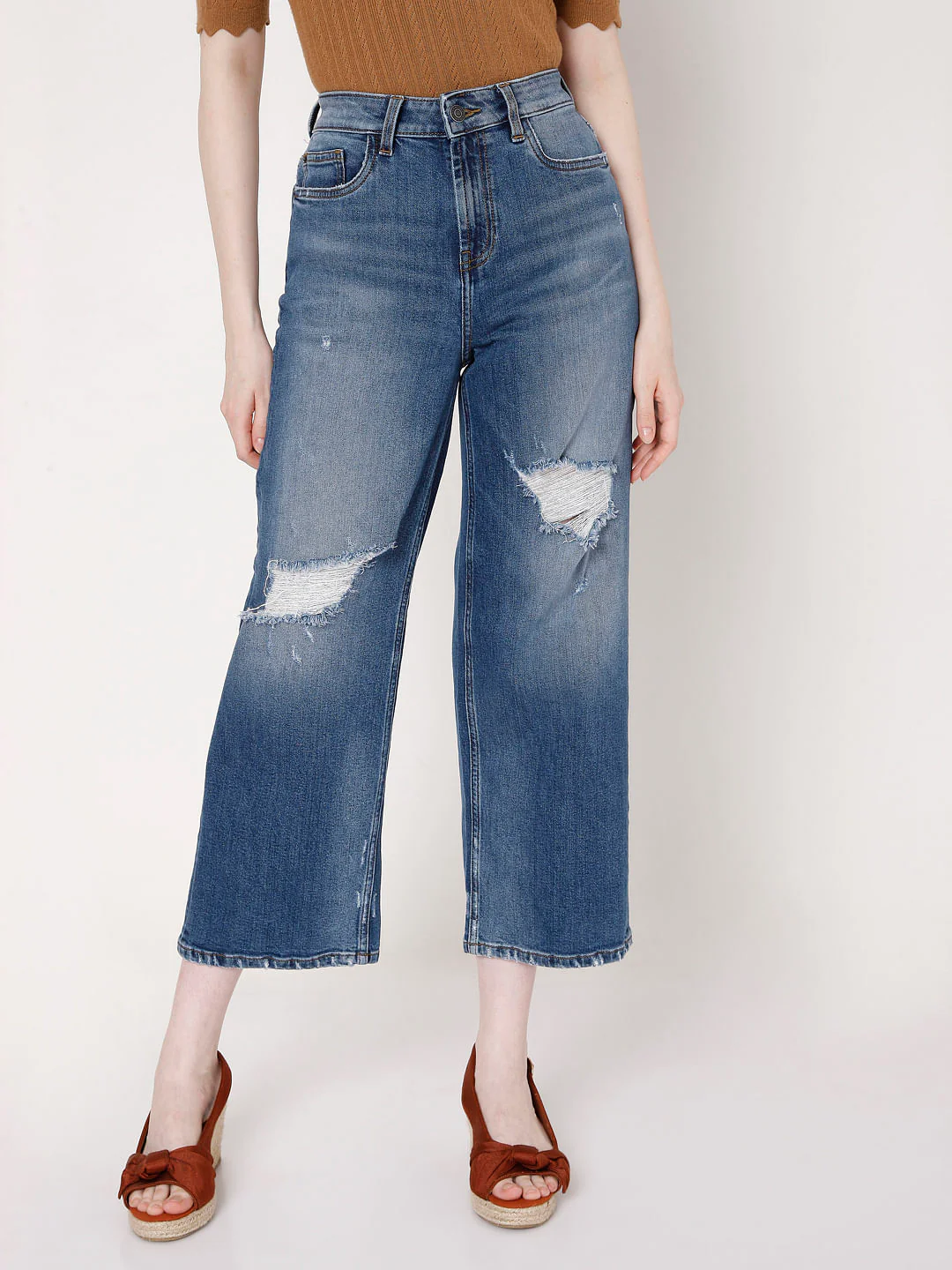Blue High Rise Wide Leg Torn Jeans - Image 2