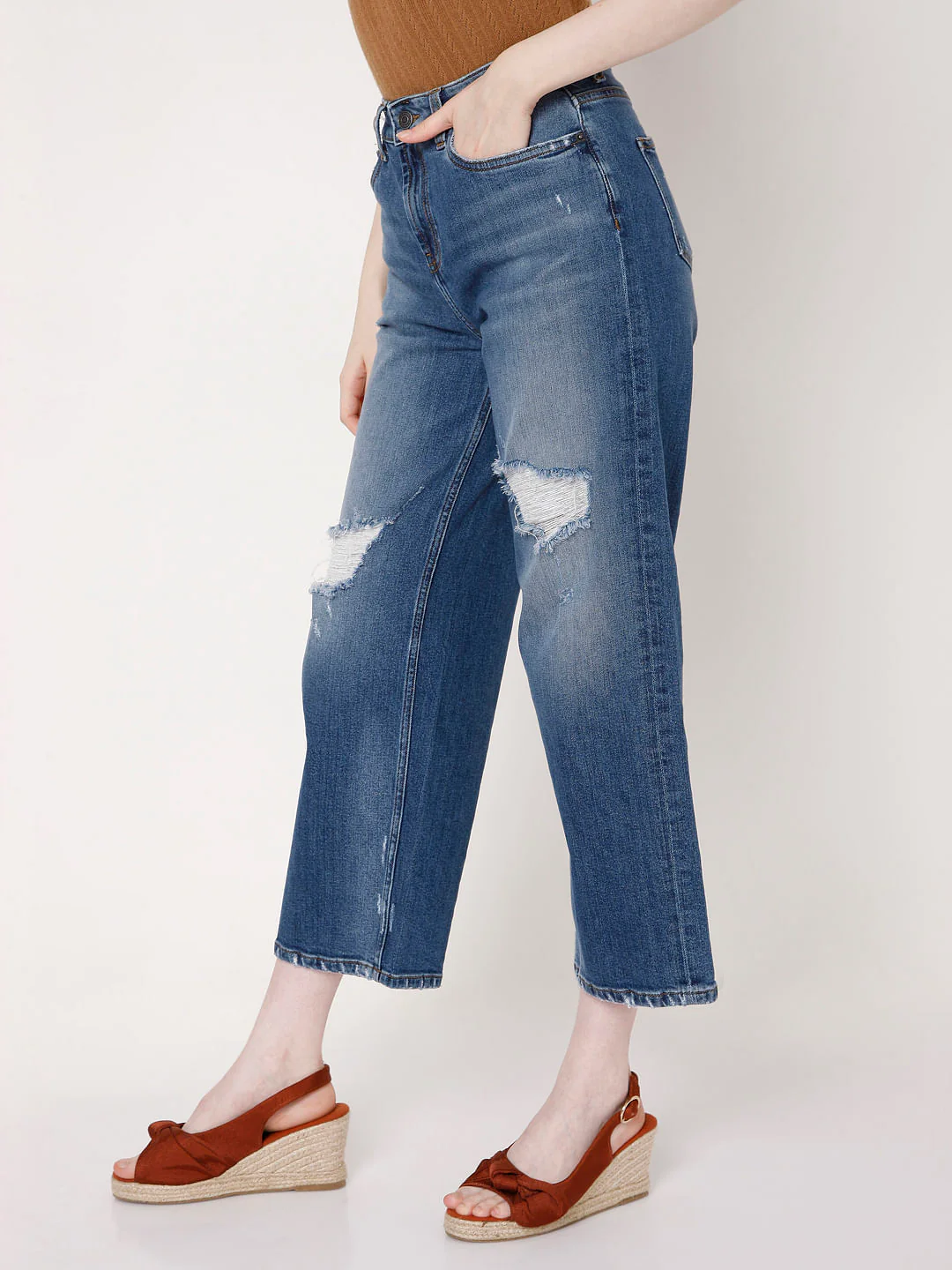 Blue High Rise Wide Leg Torn Jeans - Image 3