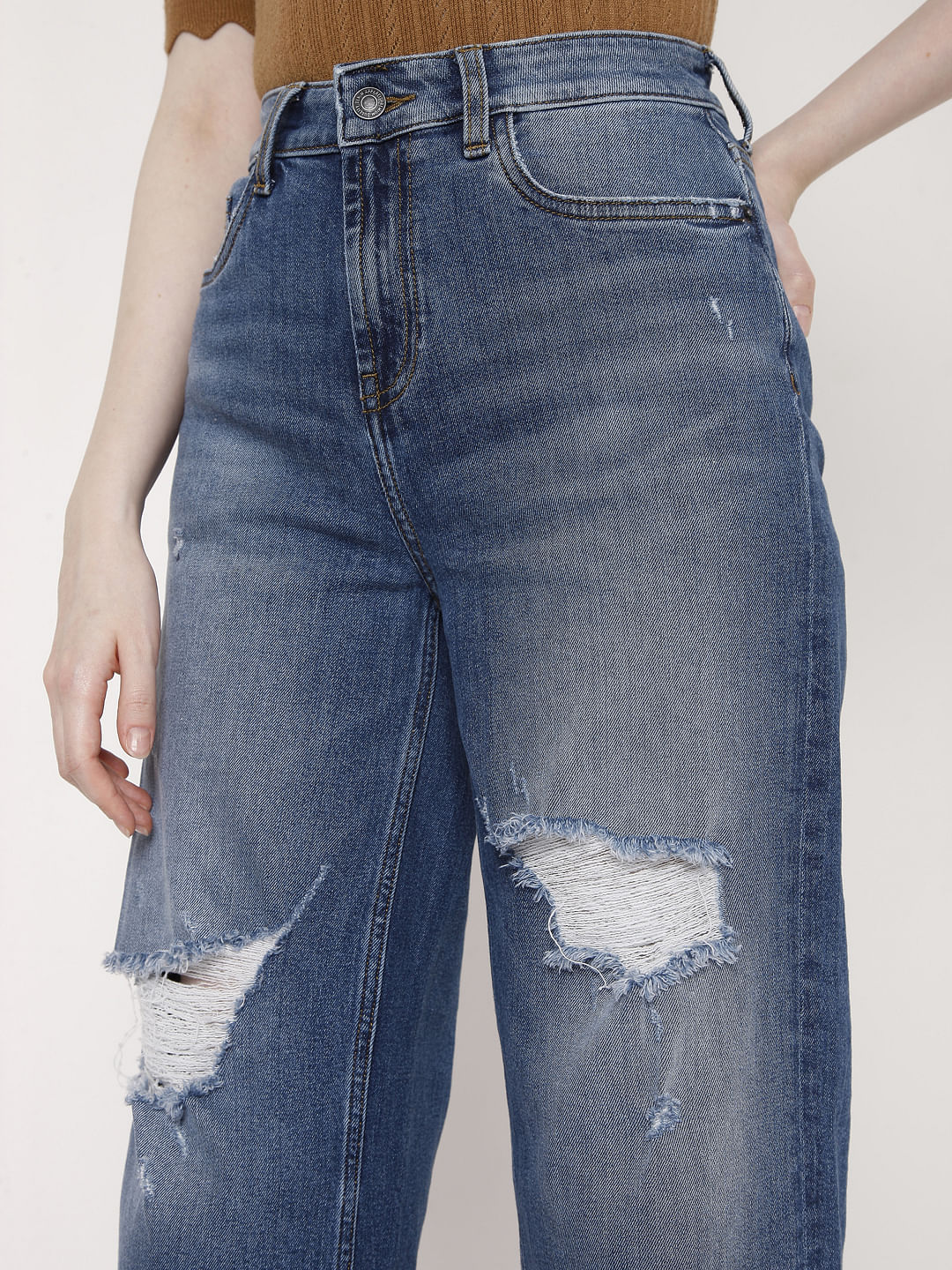 Blue High Rise Wide Leg Torn Jeans - Image 5