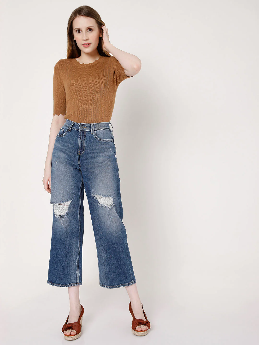 Blue High Rise Wide Leg Torn Jeans - Image 6