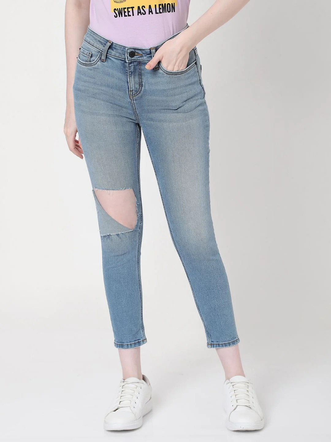 Blue Mid Rise Ripped Skinny Jeans - Image 2